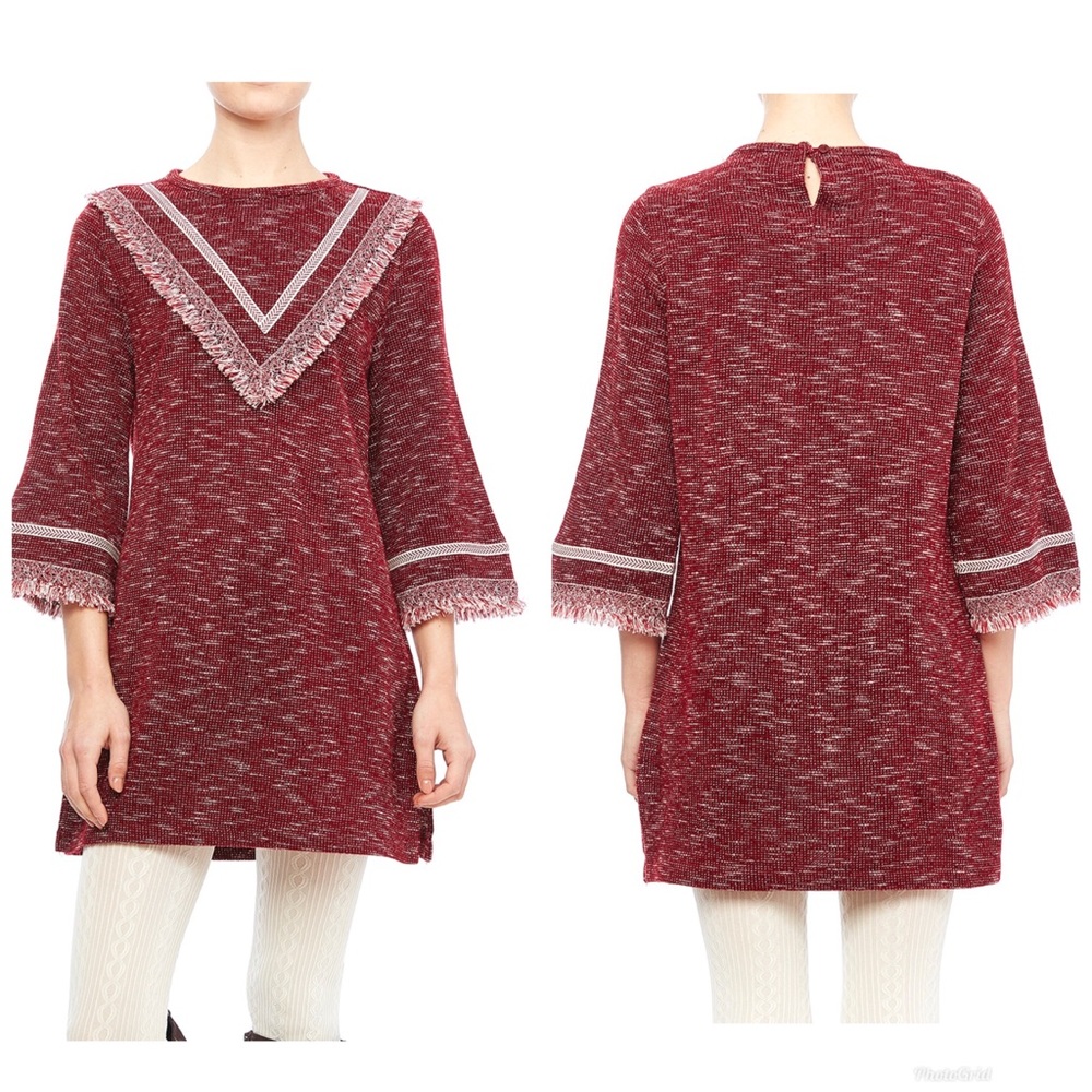 Pinky Otto V-Fringe Knit Red Marbled Tunic Sweater One Size Medium Large